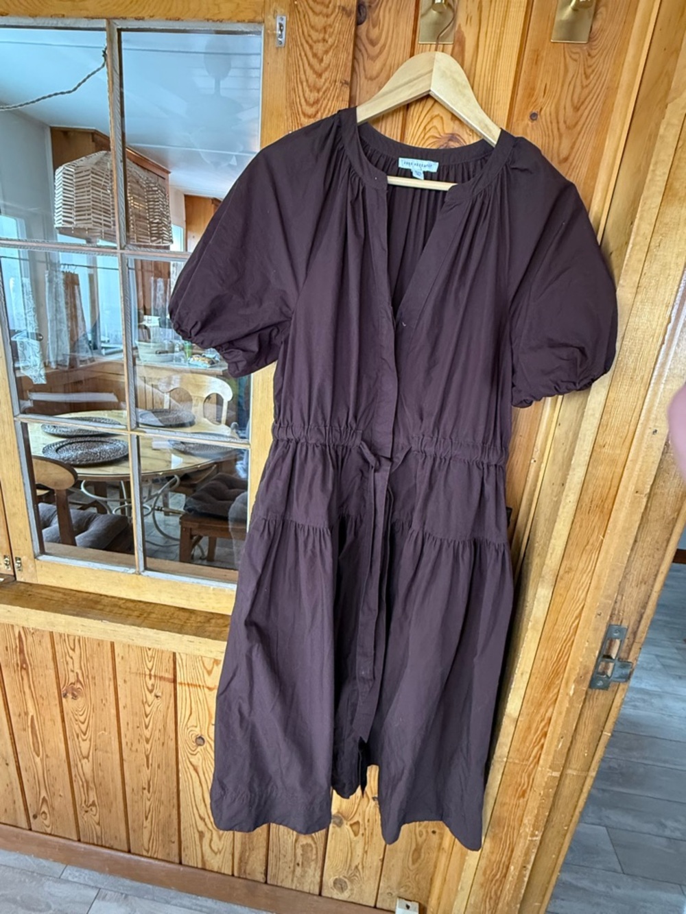 Free Assembly Flowy Puff-Sleeve Midi Dress in Deep Brown